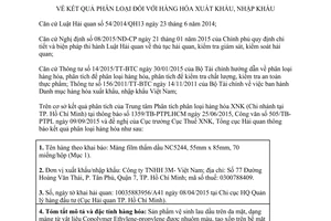 Thông báo 9412/TB-TCHQ kết quả phân loại hàng hóa xuất nhập khẩu 2015
