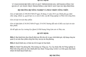 Quyết định 4070/QĐ-BNN-QLCL Bộ tiêu chí đánh giá quản lý an toàn thực phẩm nông lâm thủy sản 2015