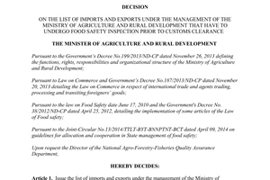 Decision 4069/QD-BNN-QLCL list of imports exports that have to undergo food safety inspection 2015