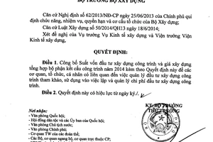 Quyết định 1161/QĐ-BXD Suất vốn đầu tư xây dựng giá xây dựng bộ phận kết cấu công trình năm 2014