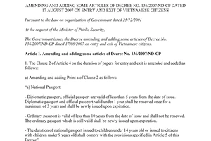 Decree No. 94/2015/ND-CP amending Decree No. 136/2007/ND-CP entry and exit of Vietnamese citizens