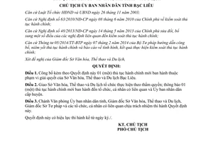 Quyết định 1821/QĐ-UBND thủ tục hành chính thuộc thẩm quyền sở văn hóa thể thao du lịch Bạc Liêu 2015