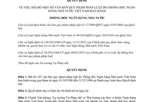 Quyết định 2039/QĐ-NHNN bãi bỏ văn bản quy phạm pháp luật 2015