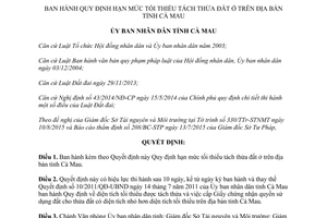 Quyết định 32/2015/QĐ-UBND hạn mức tối thiểu tách thửa đất ở Cà Mau