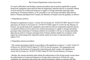Official Dispatch No. 13865/BTC-TCHQ 2015 tax policies applicable to temporarily imported goods international ships