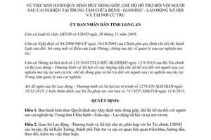 Quyết định 56/2015/QĐ-UBND mức đóng góp chế độ hỗ trợ người sau cai nghiện tại trung tâm tại nơi cư trú Long An