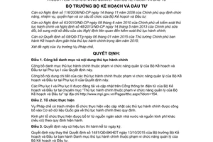 Quyết định 1811/QĐ-BKHĐT danh mục nội dung thủ tục hành chính được chuẩn hóa 2015