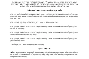 Quyết định 157a/QĐ-SXD  phối hợp thẩm định thẩm tra dự án thiết kế xây dựng công trình Bạc Liêu