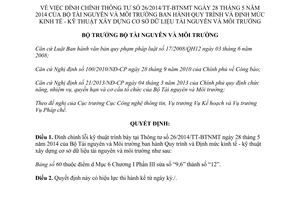 Quyết định 2814/QĐ-BTNMT đính chính Thông tư 26/2014/TT-BTNMT cơ sở dữ liệu tài nguyên môi trường 2015