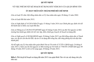 Quyết định 5582/QĐ-UBND kế hoạch sử dụng đất năm 2015 quận Bình Tân thành phố Hồ Chí Minh