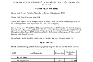 Quyết định 54/2015/QĐ-UBND Bảng giá tính thuế tài nguyên Tây Ninh