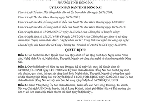 Quyết định 38/2015/QĐ-UBND xét tặng danh hiệu Nghệ nhân Nhân dân ưu tú thợ giỏi Đồng Nai