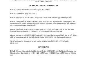 Quyết định 48/2015/QĐ-UBND bổ sung bảng giá đất định kỳ 5 năm Long An