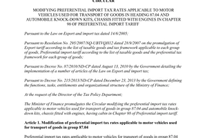 Circular No. 163/2015/TT-BTC modifying preferential import tax rates applicable to motor vehicles