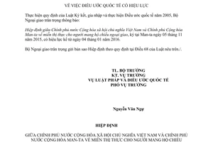 Thông báo 60/2015/TB-LPQT hiệu lực hiệp định miễn thị thực người mang hộ chiếu ngoại giao