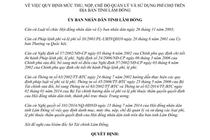 Quyết định 64/2015/QĐ-UBND mức thu nộp chế độ quản lý và sử dụng phí chợ Lâm Đồng