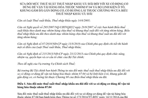 Thông tư 163/2015/TT-BTC sửa đổi mức thuế suất nhập khẩu xe động cơ linh kiện ô tô khung gầm gắn động cơ buồng lái