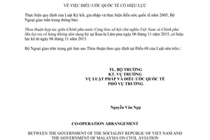 Thông báo 62/2015/TB-LPQT hiệu lực thỏa thuận hợp tác hàng không dân dụng Việt Nam Malaixia