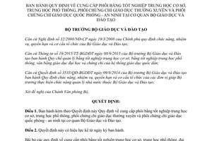 Quyết định 5225/QĐ-BGDĐT cung cấp phôi bằng tốt nghiệp trung học giáo dục thường xuyên quốc phòng an ninh 2015