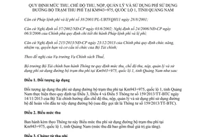 Thông tư 167/2015/TT-BTC mức chế độ thu nộp quản lý phí đường bộ trạm thu phí Km943+975 quốc lộ 1 Quảng Nam