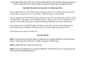 Quyết định 2865/QĐ-BTNMT công bố danh mục thủ tục hành chính được chuẩn hóa 2015