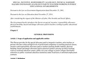 Decree of Government No. 113/2015/ND-CP paid to teachers working in public educational establishments