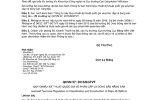 Thông tư 72/2015/TT-BGTVT quy chuẩn kỹ thuật quốc gia phân cấp đóng sàn nâng tàu