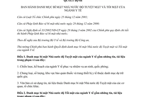 Quyết định 56/2015/QĐ-TTg Danh mục bí mật Nhà nước độ tuyệt mật và tối mật của ngành y tế