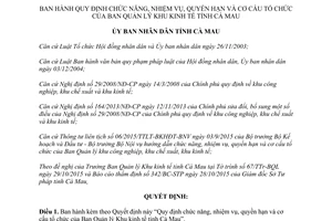 Quyết định 39/2015/QĐ-UBND chức năng nhiệm vụ quyền hạn cơ cấu tổ chức ban quản lý khu kinh tế Cà Mau