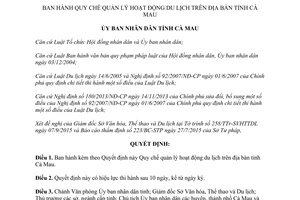 Quyết định 37/2015/QĐ-UBND quy chế quản lý hoạt động du lịch Cà Mau