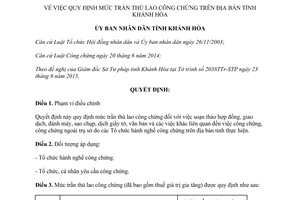 Quyết định 28/2015/QĐ-UBND quy định mức trần thù lao công chứng Khánh Hòa