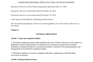 Decree of Government No. 118/2015/ND-CP guidelines for some articles of the law on Investment