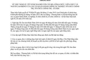 Thông báo 4659/TB-BLĐTBXH nghỉ lễ tết năm 2016 đối với cán bộ công viên chức người lao động