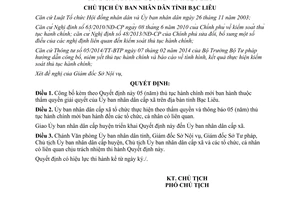 Quyết định 1976/QĐ-UBND thủ tục hành chính thuộc thẩm quyền giải quyết của UBND cấp xã Bạc Liêu 2015
