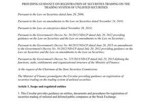 Circular No. 180/2015/TT-BTC guidance registration of securities trading trading system unlisted securities