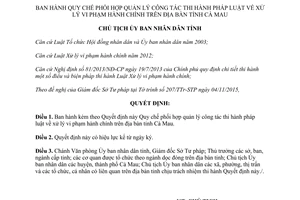 Quyết định 1785/QĐ-UBND quy chế phối hợp quản lý công tác thi hành pháp luật xử lý vi phạm hành chính Cà Mau