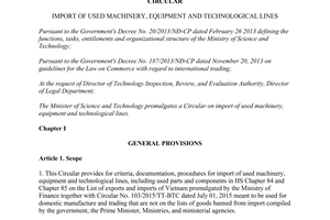 Circular No. 23/2015/TT-BKHCN import of used machinery, equipment and technological lines