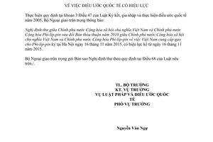 Thông báo hiệu lực 03/2016/TB-LPQT Nghị định thư sửa đổi bản thỏa thuận 2010 Việt Nam Phi-líp-pin cung cấp gạo