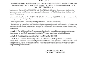 Circular No. 42/2015/TT-BNNPTNTchemicals antibiotics banned import manufacture trade use feed livestock poultry