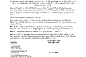 Thông tư 42/2015/TT-BNNPTNT hóa chất kháng sinh cấm trong thức ăn chăn nuôi