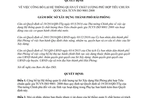 Quyết định 334/QĐ-SXD công bố lại hệ thống quản lý chất lượng Hải Phòng 2016