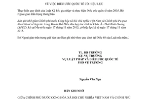 Thông báo 56/2015/TB-LPQT hiệu lực bản ghi nhớ hợp tác trong khuôn khổ diễn đàn hợp tác kinh tế