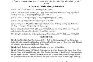 Quyết định 39/2015/QĐ-UBND thời hạn thỏa thuận vị trí cột trạm điện hành lang lưới điện cấp phép công trình điện Quảng Bình