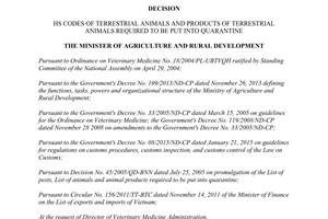 Decision No. 4758/QD-BNN-TY 2015 HS codes of terrestrial animals products of terrestrial animals