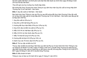 Thông tư 40/2015/TT-BCT quy tắc xuất xứ hiệp định thương mại tự do Việt Nam Hàn Quốc