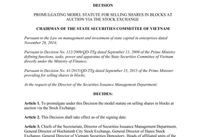 Decision No. 999/QD-UBCK model statute for selling shares in blocks at auction via the stock exchange