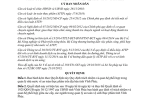 Quyết định 33/2015/QĐ-UBND trách nhiệm quan hệ phối hợp quản lý nhà nước an toàn thực phẩm Vĩnh Phúc