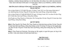 Quyết định 214/QĐ-BCĐTKLPCTN thay đổi thành viên tổng kết thực hiện Luật Phòng chống tham nhũng 2015