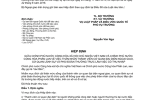 Thông báo 34/2016/TB-LPQT hiệu lực Hiệp định thân nhân thành viên cơ quan đại diện ngoại giao Phần Lan