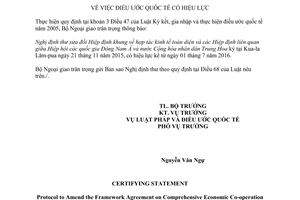 Thông báo hiệu lực Nghị định thư sửa đổi Hiệp định khung hợp tác kinh tế ASEAN Trung Quốc 2016